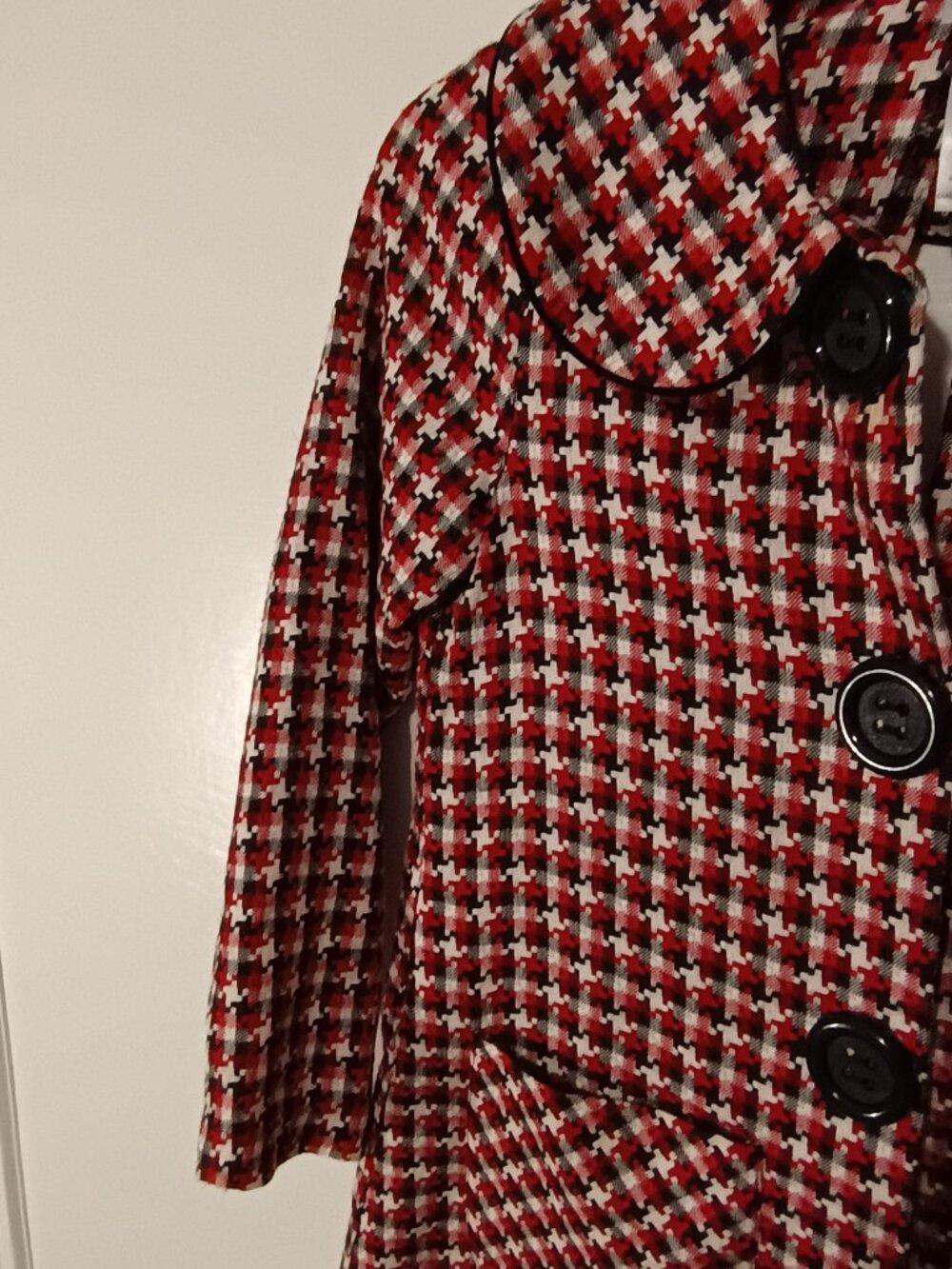 Iris & Ivy Girls Size 12 Red Black White Tweed Houndstooth Peter Pan Collar Coat - Picture 6 of 10